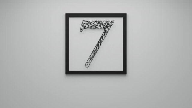 The number seven overgrowing with black branches and roots with black frame on a white background. Video 3D animation of numbers. Minimalistic motion background.