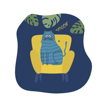 Lop-eared cat sitting on a yellow chair on a blue background of a free form with the word meow. Cute cartoon vector illustration. Great for designing postcards, stickers, and Notepad covers.