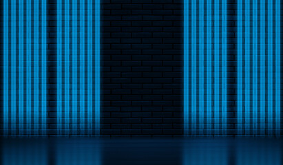 Neon shapes on a dark brick wall. Blue toned background. Brick wall, concrete floor. 3d illustration