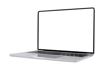 Side view of Open laptop computer. Modern thin edge slim design. Blank white screen display for...