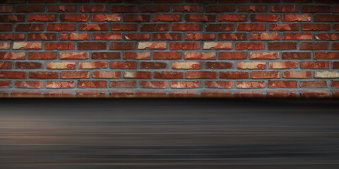 Background of an old brick wall, concrete pavement, smoke, fog. Empty city wall background. 3d illustration