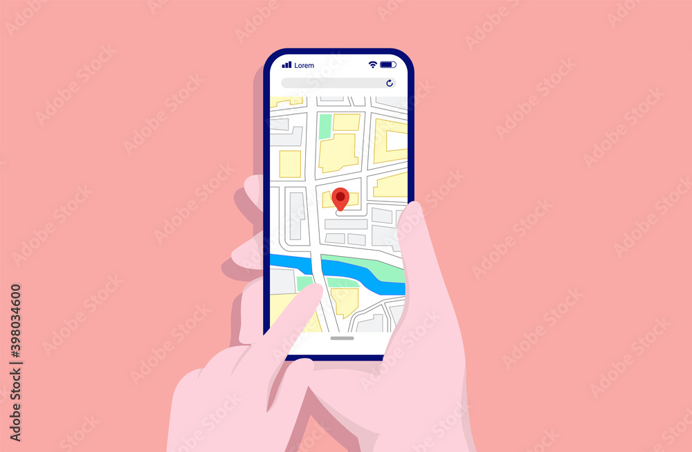 Poster Using map application on smartphone - Hands with phone interacting with digital map. Vector illustration.
