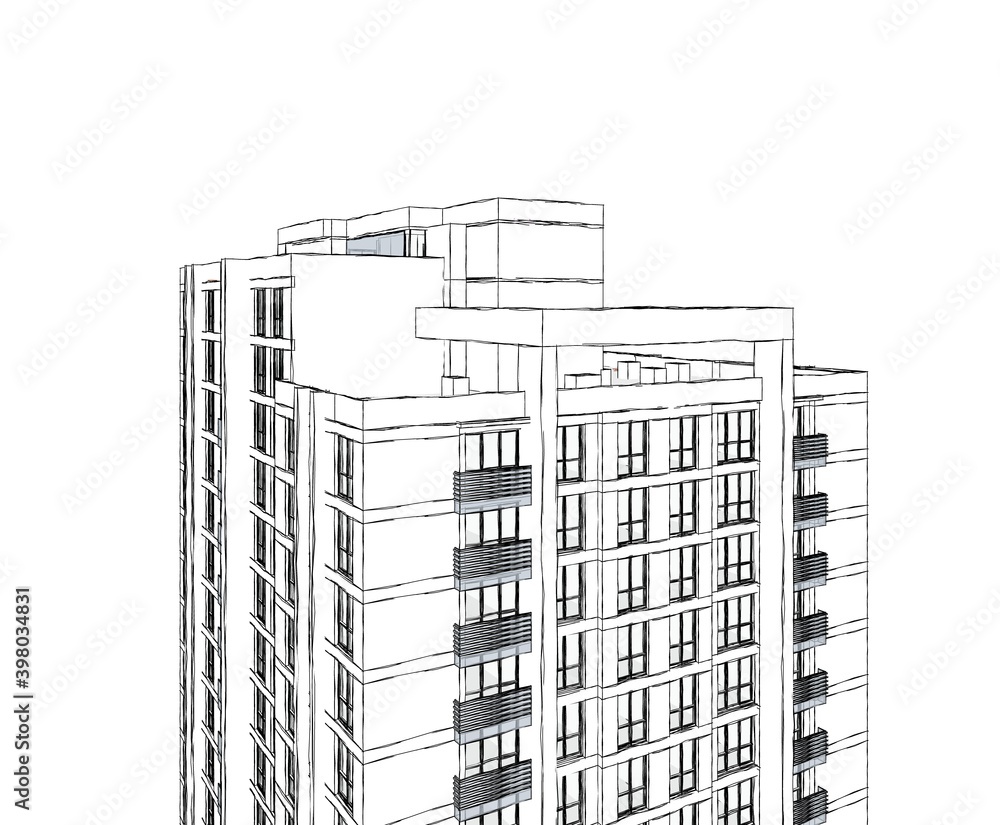 Poster abstract 3d illustration of a residence building facade. close up view from top floors in hand sketc