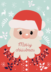Composition of Santa Claus with Merry christmas wrote on his beard. New year themed decorations, twigs, berries, elks and snowflakes