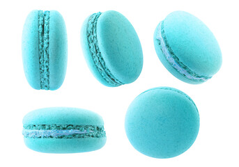 Isolated light blue macarons. Collection of blueberry or bubblegum macaroons at different angles...
