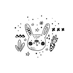 Funny cute scandinavian rabbit cartoon style. Vector print with rabbit. Printable templates. For wrapping, surface design, wallpaper, greeting cards