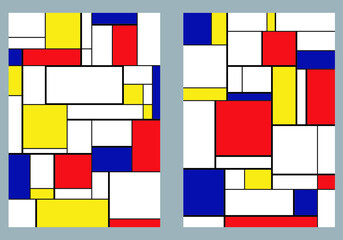 Set of 2 covers. Piet Mondrian style. A4 vertical orientation pages. Vector. 2 couvertures. For notebooks, reports, copybooks, brochures.
