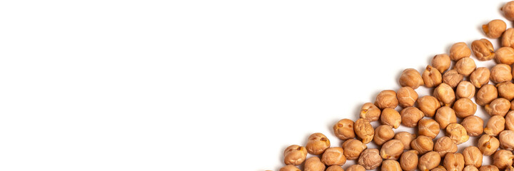 Raw Chickpeas banner isolated on white background with place for text. Top view.