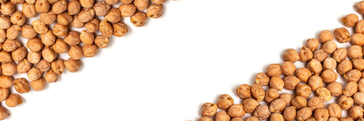 Raw Chickpeas banner isolated on white background with place for text. Top view.