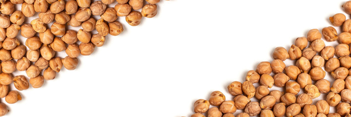 Raw Chickpeas banner isolated on white background with place for text. Top view.