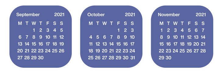 Minimalistic calendar. Printable sticker for Stationery. Smart decor. 2021 year. October. Week starts at Monday. European English Gregorian calendar. Planner and Diary sticker. Bullet journal. 