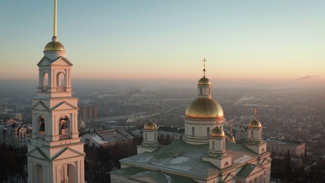 Winter landscape, Penza city. Church in Russia. Penza city in Russia, winter landscape from a height. Dawn in Penza.