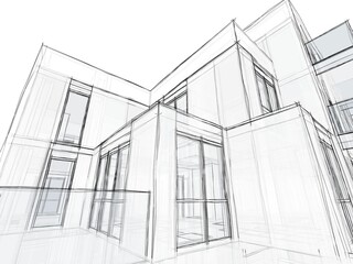 3d illustration perspective of a house project in cubic form. Transparent walls in hand sketch style.