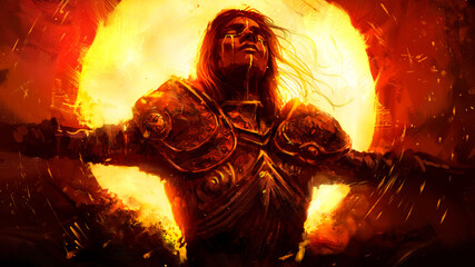 Fototapeta premium A beautiful young knight weeps Golden tears as he burns in the huge yellow infernal sun, wearing a beautiful chased armor with patterns . 2D illustration.