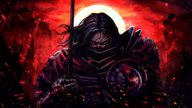 A stern fantasy knight in a half-face mask walks with a spear in his hands, against the background of a bloody sunset and burned castles, he cries, sparks fly around him . 2D illustration.