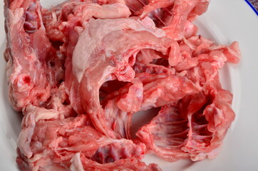 Raw Chicken bones for soup and chicken broth. Fresh chicken skeleton. Chicken bone carcass