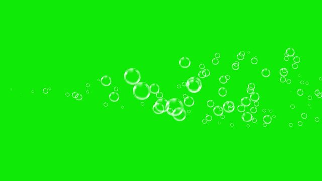 Soap Air Bubbles fly from left to right on a green background. Closeup different soap bubbles. Motion many water bubbles floating and falling out of screen. Seamless animation. Alpha channel. 4K