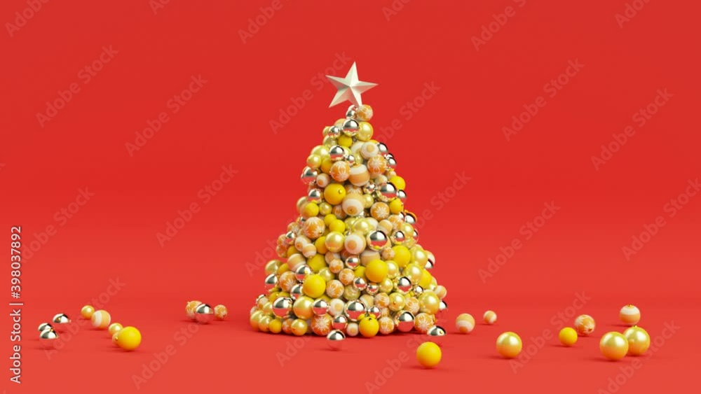 Poster a tree of christmas balls is growing dynamically on a bright colorful red background. 3d animation