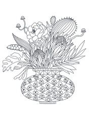 Vector outline illustration for antistress coloring book. A Vase with flower bouquet. - 398038455