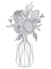 Vector outline illustration for antistress coloring book. A Vase with flower bouquet.
