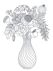 Vector outline illustration for antistress coloring book. A Vase with flower bouquet. - 398038482