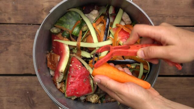 Housewife throws vegetable peeling, scraps and fruit peels in compost bucket. Top view. Organic kitchen home waste gathering for composting. Separation and recycling of household garbage, Zero waste