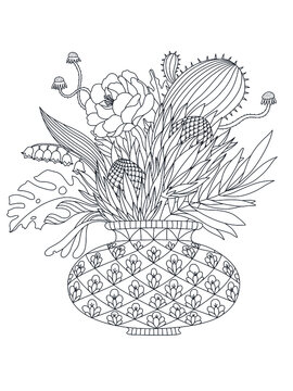 recommend clip art: Vector outline illustration for antistress coloring book. A Vase with flower bouquet.