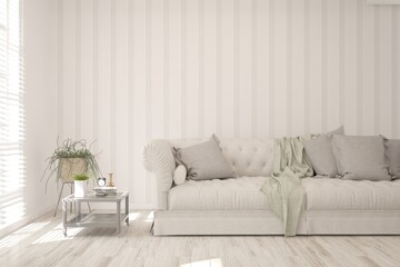 White living room with sofa. Scandinavian interior design. 3D illustration