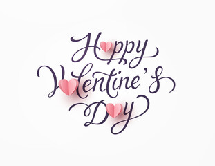 Valentine's Day greeting card and romantic paper flying hearts on white background. Vector pink symbols of love with lettering postcard or banner