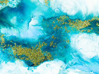 Blue with gold glitter creative abstract hand painted background, marble texture, abstract ocean
