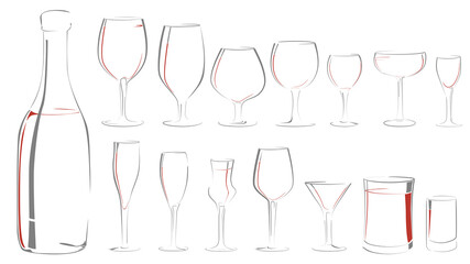 Set of simple vector illustration different wineglasses and glasses with wine on a white background.