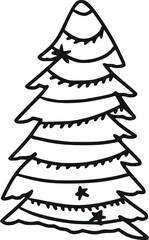 
elegant hand-drawn christmas tree in outline style in black line isolated on white background