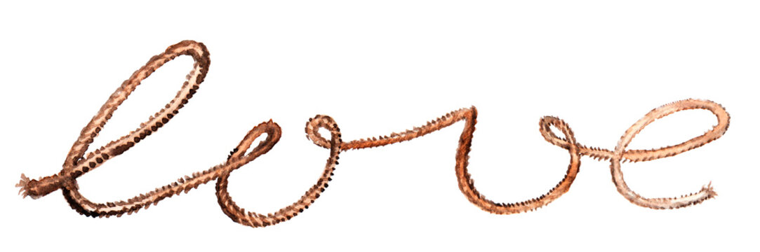 watercolor image of the inscription "LOVE" in the form of a brown rope