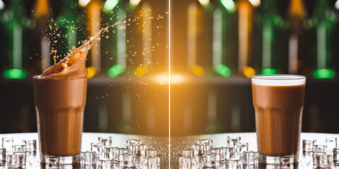 Set of cold coffee in glass on table in bar