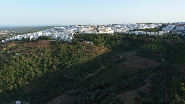 Aerial drone footage of Vejer de la Frontera: white Spanish town in Andalusia at the Atlantic coast