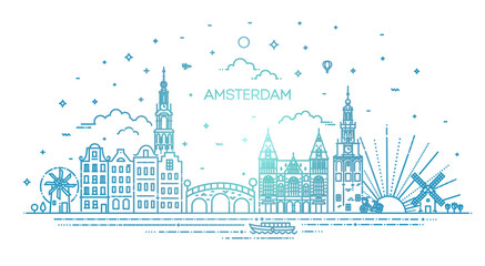 Amsterdam travel landmark of historical building thin line icon