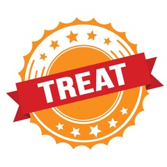 TREAT text on red orange ribbon stamp.