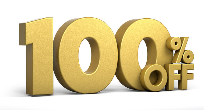 Golden text, 100% off isolated on white background. Off 100 percent. Sales concept. 3d illustration.