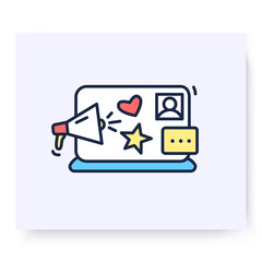 Social media marketing color icon. Digital marketing concept. Laptop with speaker and satisfaction icons. Internet marketing. Isolated vector business illustration
