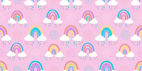 Abstract rainbow with clouds and raindrops, doodles and circles in a seamless pattern. Children's pattern in muted pastel colors. Hand-drawn vector illustration