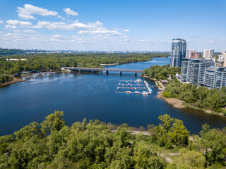 Aerial drone view. Dnieper river in Kiev on a sunny day.