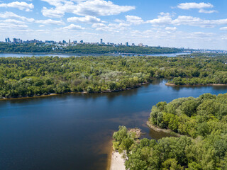 Fototapeta na wymiar Aerial drone view. Dnieper river in Kiev on a sunny day.
