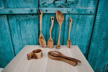 spoons made of wood, kitchen accessories made of wood, eco-friendly tableware, set of wooden spoons, carved from wood by a carpenter