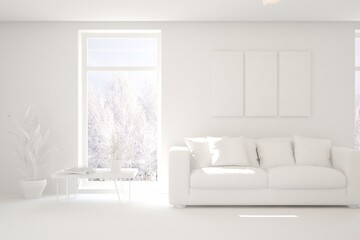 White minimalist living room with sofa. Scandinavian interior design. 3D illustration