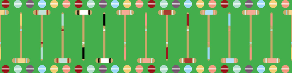 Croquet game seamless vector border. Fun repeat banner of mallets and balls on lawn green backdrop. Colorful hand drawn design. Edging, ribbon, trim for summer garden party and leisure concept
