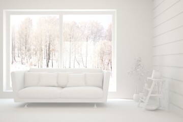 White minimalist living room with sofa. Scandinavian interior design. 3D illustration