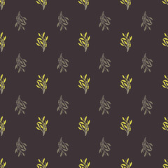 Foliage branch seamless pattern in abstract style. Grey dark background with yellow colored details.