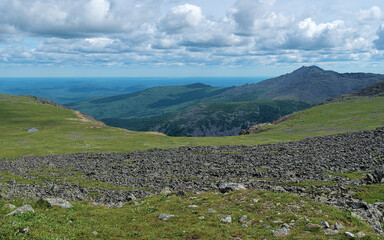 Northern Ural Mountains, Panorama of Iov plateau, Iov ravine and peak of Serebryanskiy Rock Mount, Russia