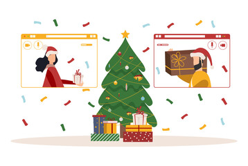 People wishing Merry Christmas and Happy New Year, celebrating holiday and giving gifts via video call or web conference in 2021. Flat vector illustration for web, banner, poster, vector