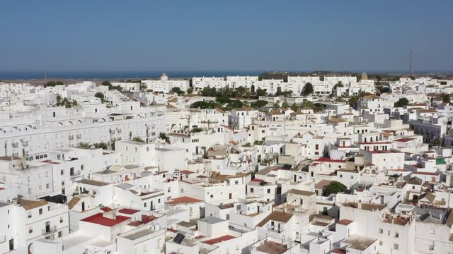 Aerial views of white town in the province of Cadiz, Andalusia. Vejer de la frontera seen from above, in south Spain